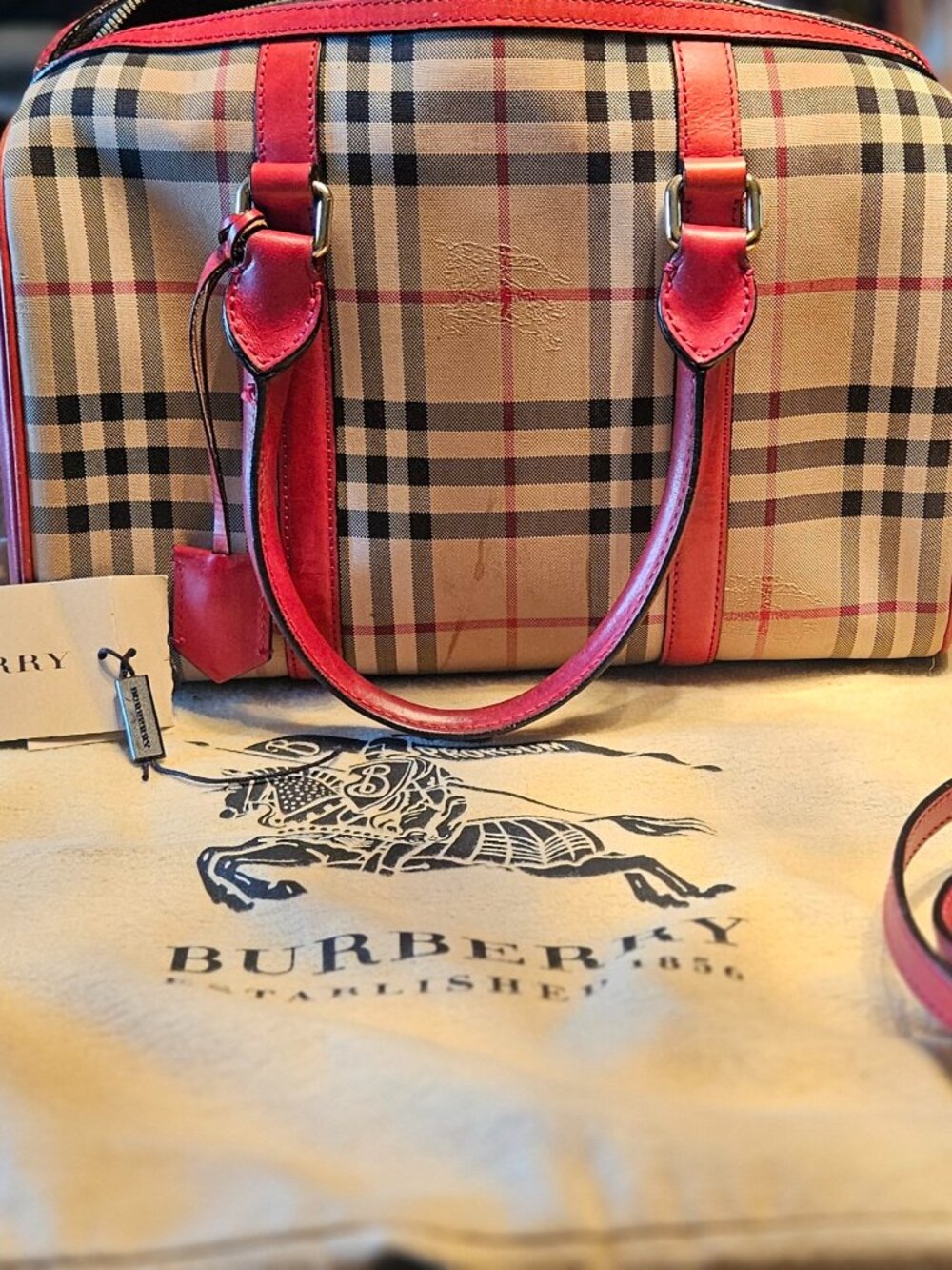 Burberry Small Alchester Bowling Bag – Haymarket Check with Red Leather Trim